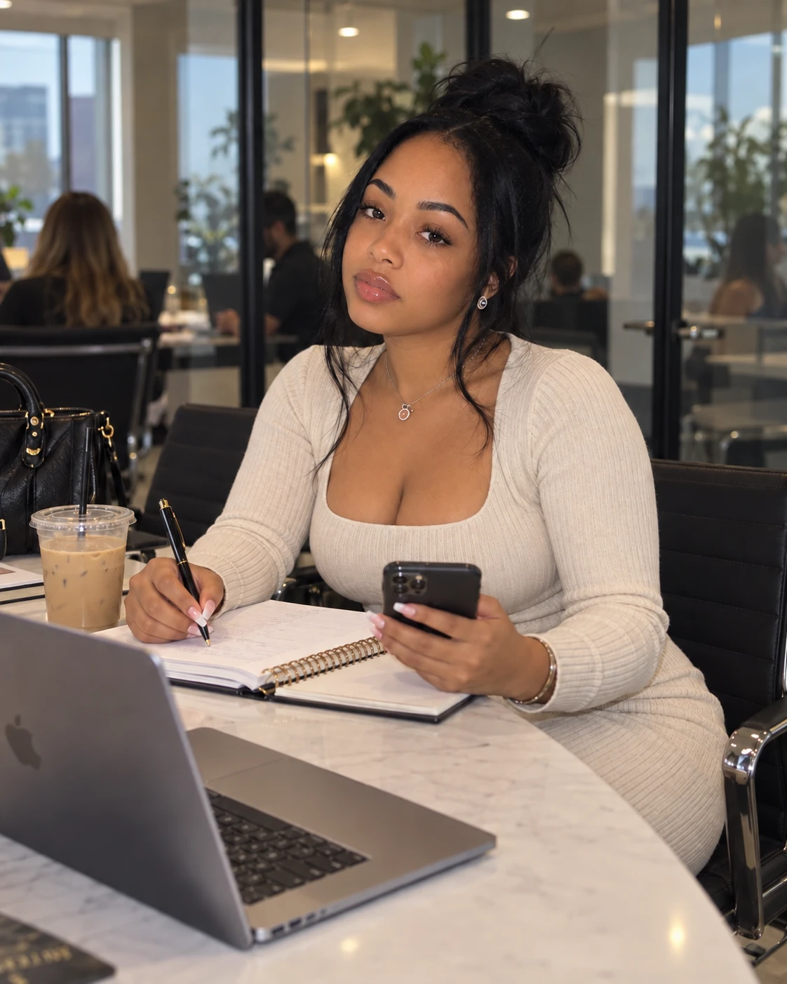 Founder of The Mack Standard seated at a marble table writing in a notebook and holding her phone