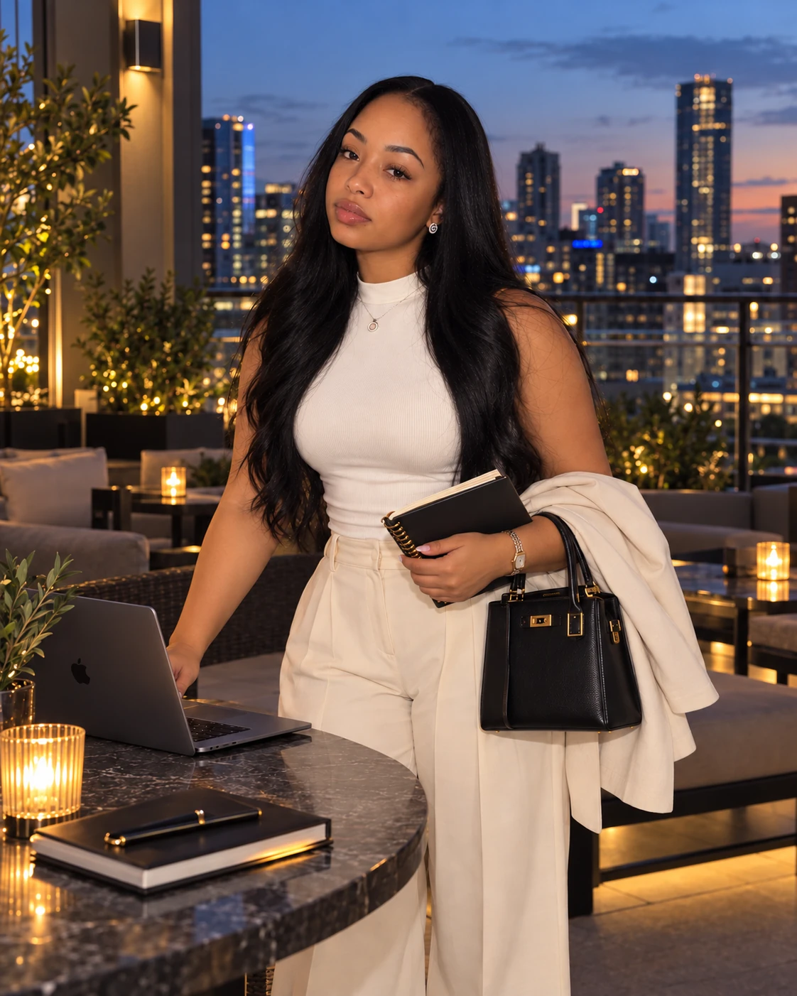 Radiance Mack on a rooftop terrace overlooking the city at dusk
